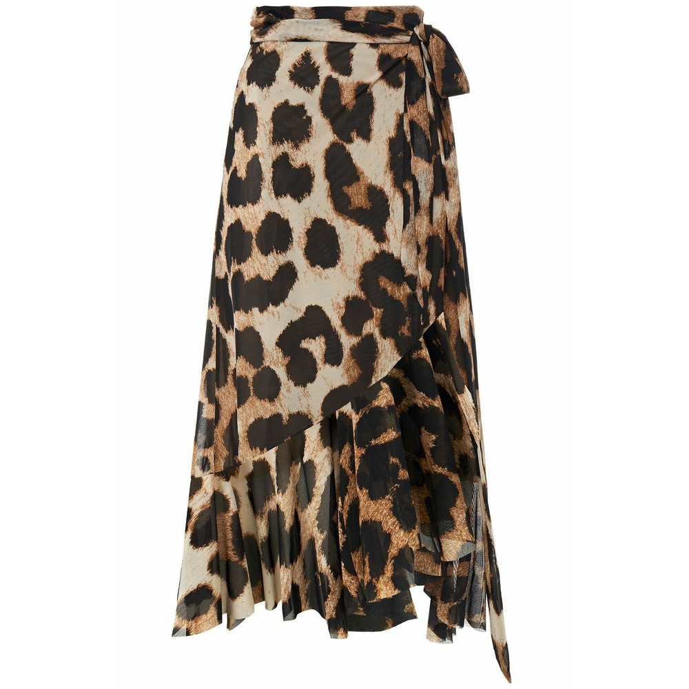 GANNI Leopard Print Mesh Ruffled Wrap Midi Skirt Brown EU 38 US 6 $245 - Picture 3 of 16